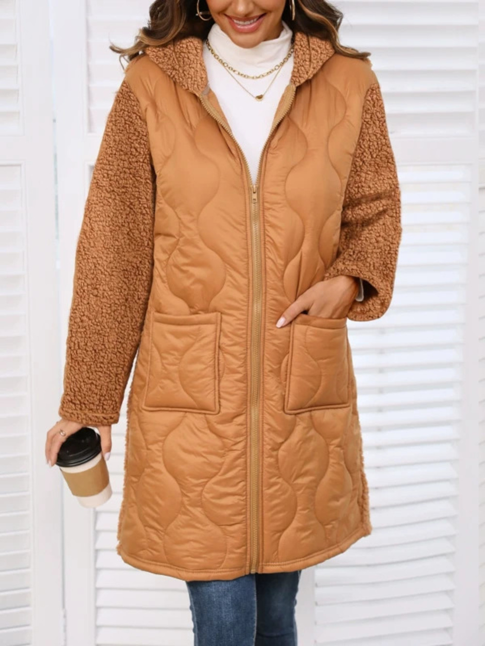 ZARA Shiny Fleece Fall Winter Oversized Hooded Zipper Patchwork Long Coat